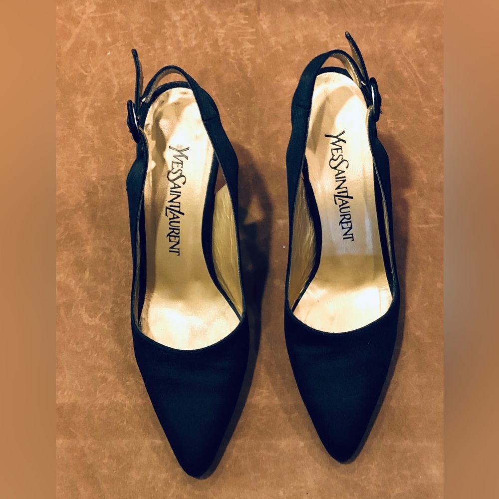Yves Saint Laurent Black Satin Pumps 3 inch heel size 7 1/2.